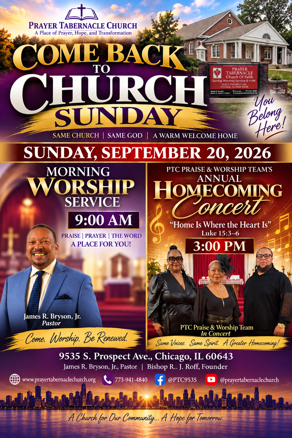 Come Back to Church Sunday — Morning Worship Service at 9:00 AM and Homecoming Concert at 3:00 PM, Sunday September 20, 2026