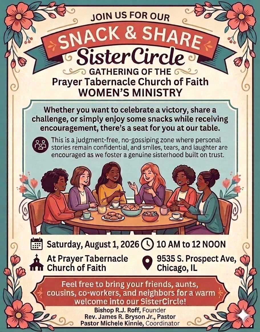 Snack & Share Sister Circle — Women's Ministry gathering, Saturday August 1, 2026, 10 AM to 12 Noon